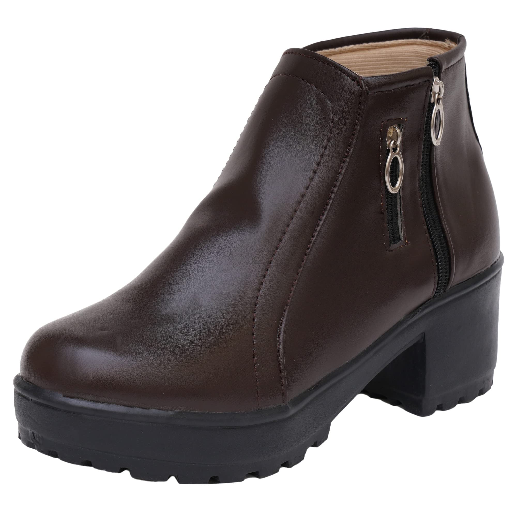 XE Looks 100% Vegan Leather Women's Brown Ankle Boots | Zipper Closure with Block Heel | Comfortable & Durable Faux Leather Boots For Girls & Women