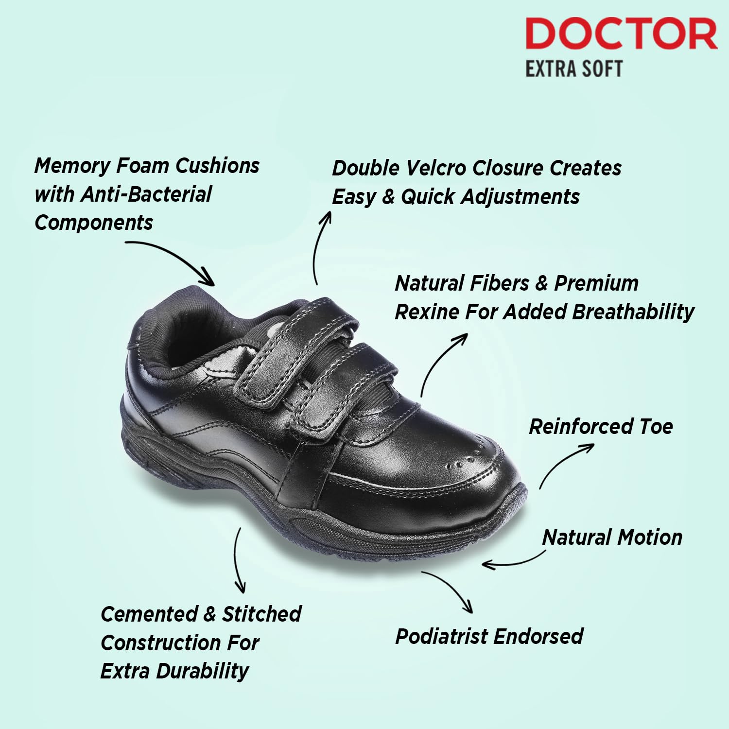 DOCTOR EXTRA SOFT Unisex-Kids Black & White Shoes with Memory Foam Cushion & Anti-Bacterial Technology| Ideal for School,Formal,Casual,Uniform,Running| Comfort & Durable Boys & Girls New-D-3001
