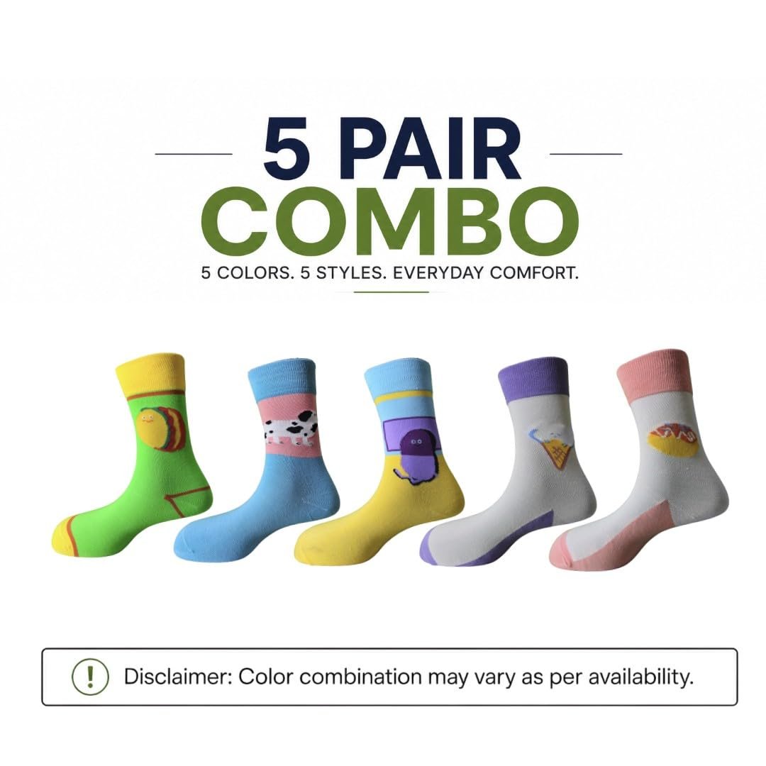 Sole-D Pairs Unisex Crew Socks, Pack of 5, Multicolour, Funky Prints
