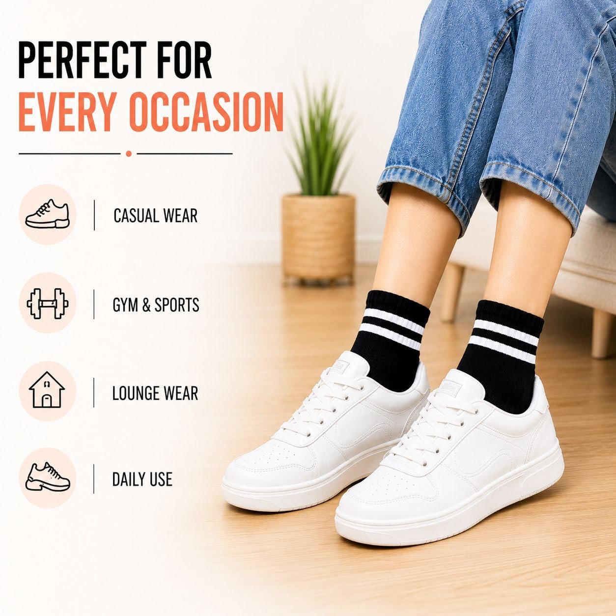 Unisex Crew Socks Pack of 5 | Striped Cotton Sports Socks for Men & Women | Mid Calf Athletic Socks for Running, Gym, Tennis, Basketball, Casual Wear