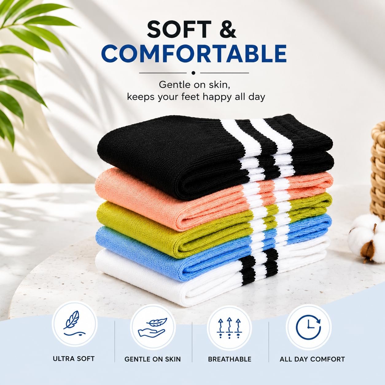 Unisex Crew Socks Pack of 5 | Striped Cotton Sports Socks for Men & Women | Mid Calf Athletic Socks for Running, Gym, Tennis, Basketball, Casual Wear