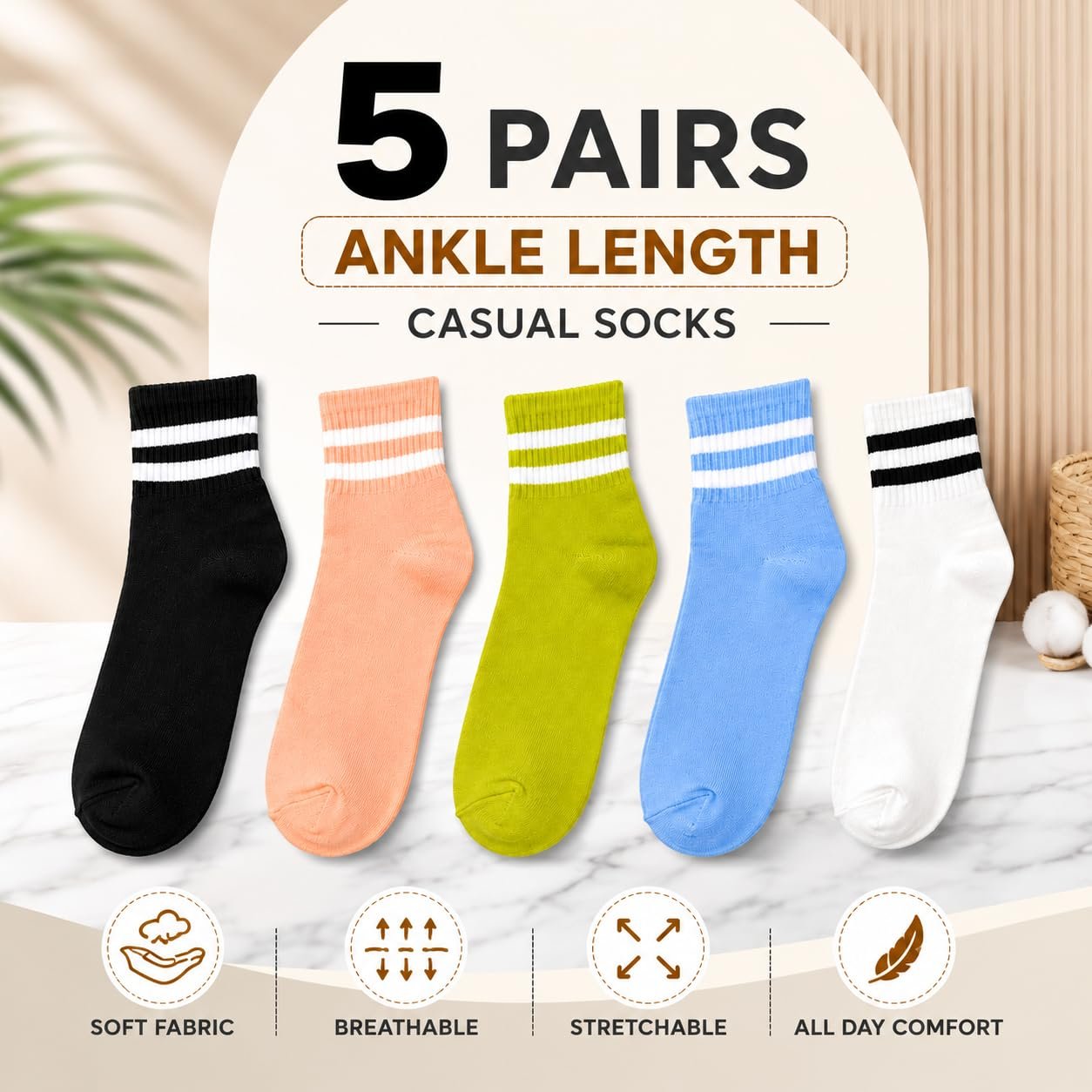 Unisex Crew Socks Pack of 5 | Striped Cotton Sports Socks for Men & Women | Mid Calf Athletic Socks for Running, Gym, Tennis, Basketball, Casual Wear